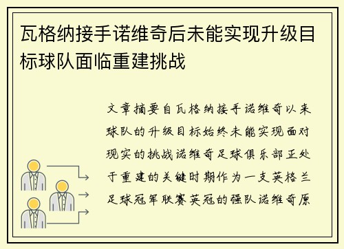 瓦格纳接手诺维奇后未能实现升级目标球队面临重建挑战