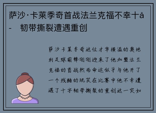 萨沙·卡莱季奇首战法兰克福不幸十字韧带撕裂遭遇重创 萨沙·卡莱季奇首战法兰克福不幸十字韧带撕裂遭遇重创